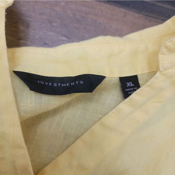 Investments 100% Linen V Neck Button Down Shirt 3/4 Sleeve Yellow Lagenlook XL - Picture 5 of 8